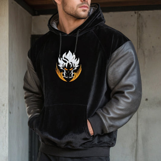 Oversized Velvet Leather Patchwork Hoodie