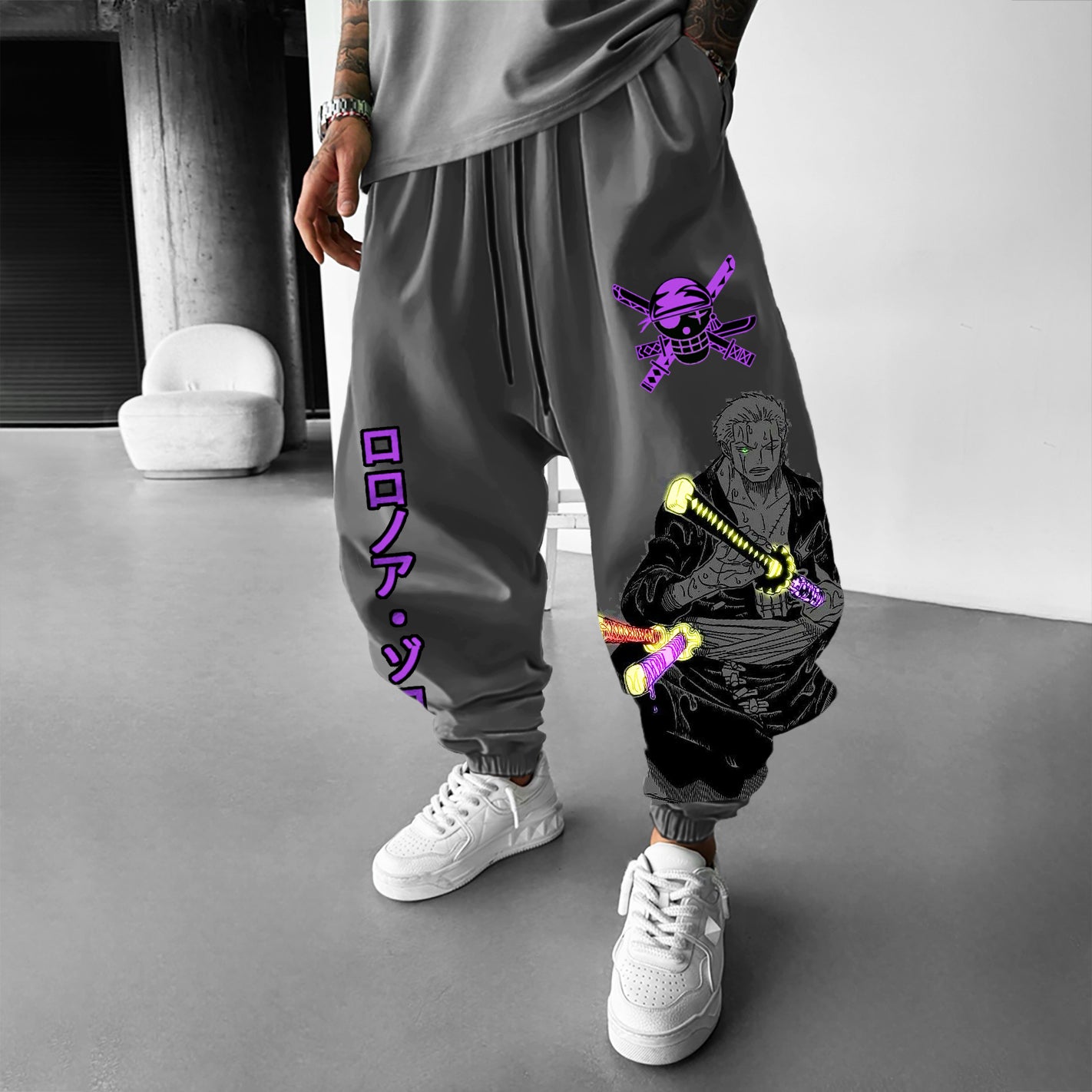 Unisex Cartoon Straw Hat Pirate Print Loose Harem Pants-AnimeClothe